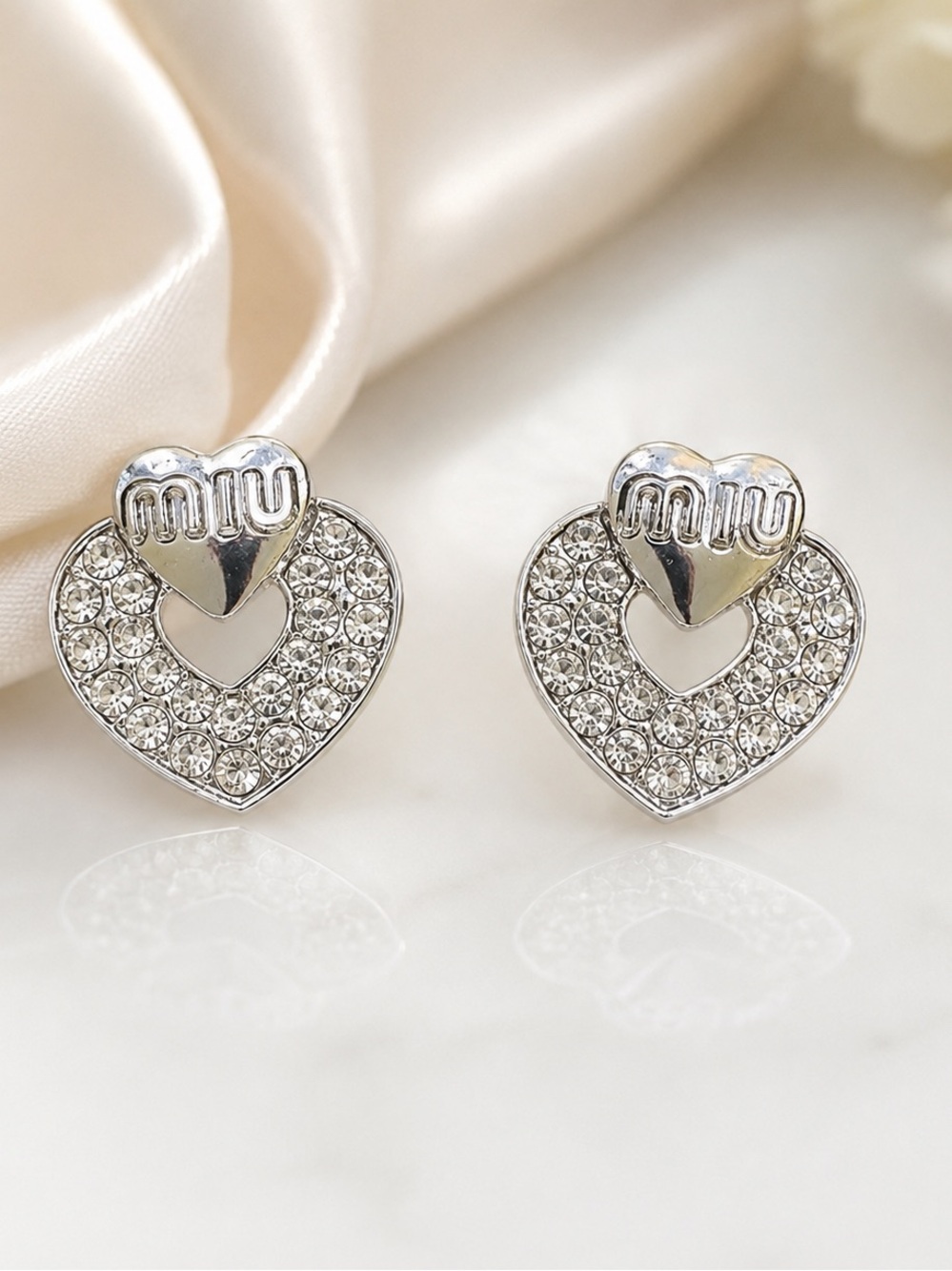 Miu Miu Silver Crystal Heart Drop Stud Earrings